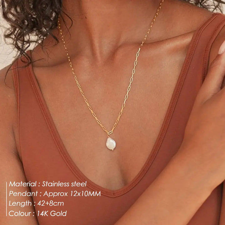 Rectangle Link Chain Pearl Necklace