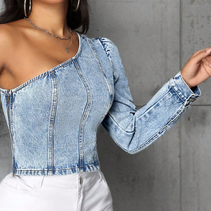 One Shoulder Long Sleeve Denim Top