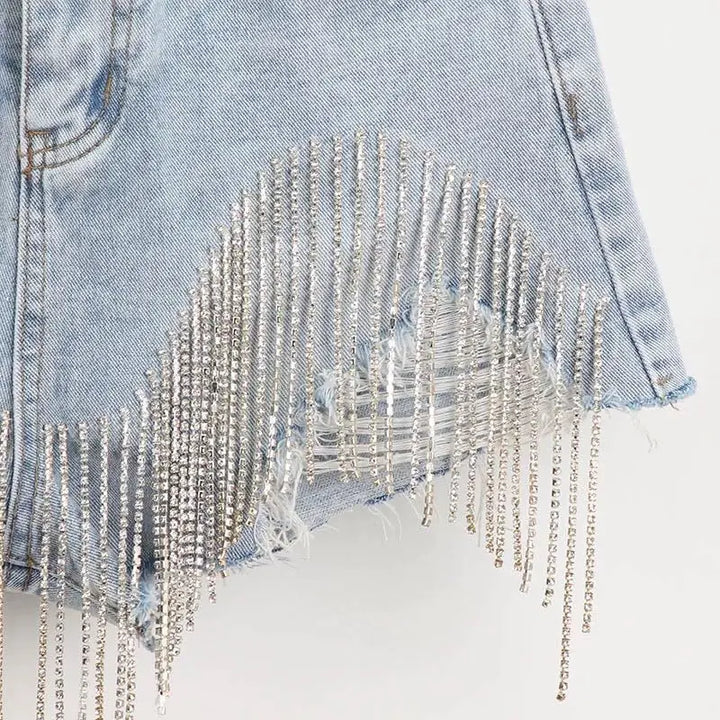 Glam Tassel Rhinestone Denim Shorts