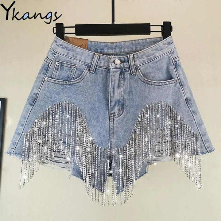 Glam Tassel Rhinestone Denim Shorts