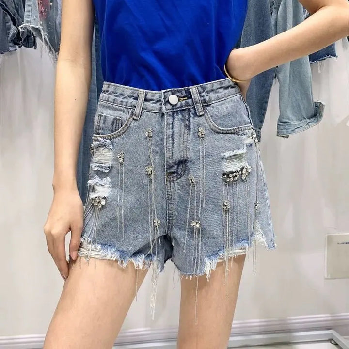 Glam Tassel Rhinestone Denim Shorts